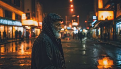 solo,1boy,hat,jacket,upper body,male focus,outdoors,solo focus,hood,blurry,from side,black jacket,black headwear,hoodie,night,depth of field,blurry background,facial hair,ground vehicle,building,motor vehicle,beard,city,realistic,smoking,beanie,car,road,street,city lights,black hair,closed mouth,scarf,coat,profile,hood up,reflection,rain