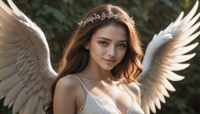 1girl,solo,long hair,breasts,looking at viewer,smile,brown hair,dress,cleavage,bare shoulders,brown eyes,medium breasts,closed mouth,collarbone,upper body,wings,white dress,blurry,lips,depth of field,blurry background,wavy hair,sunlight,feathered wings,angel wings,realistic,nose,white wings,angel,head wreath,outdoors,day,backlighting,spaghetti strap,dappled sunlight