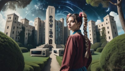 1girl,solo,long hair,looking at viewer,skirt,brown hair,twintails,brown eyes,jacket,braid,outdoors,sky,looking back,cloud,twin braids,sweater,tree,lips,blue skirt,night,moon,ground vehicle,building,star (sky),night sky,motor vehicle,starry sky,city,nose,crescent moon,shooting star,bus,black hair,hair ornament,from behind,grass,scenery,red jacket,ruins,planet