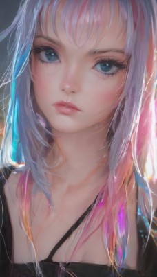 1girl,solo,long hair,breasts,looking at viewer,bangs,blue eyes,cleavage,closed mouth,collarbone,upper body,pink hair,multicolored hair,two-tone hair,lips,eyelashes,makeup,expressionless,portrait,close-up,pink lips,realistic,nose,blue hair,white hair,parted lips,artist name,gradient hair