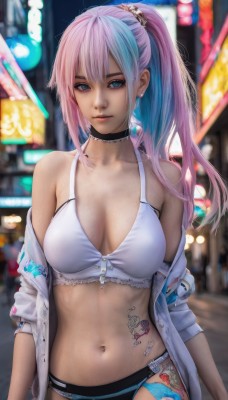 1girl,solo,long hair,breasts,looking at viewer,bangs,blue eyes,large breasts,hair ornament,navel,cleavage,bare shoulders,jewelry,medium breasts,closed mouth,underwear,blue hair,collarbone,jacket,swimsuit,ponytail,pink hair,bikini,multicolored hair,earrings,outdoors,open clothes,choker,off shoulder,stomach,blurry,two-tone hair,lips,streaked hair,tattoo,blurry background,black choker,white bikini,piercing,high ponytail,realistic,navel piercing,hair between eyes,standing,cowboy shot,midriff,artist name,open jacket,night,depth of field,watermark,ear piercing,web address,nose,badge,neon lights