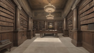 indoors,book,no humans,shadow,chair,table,sunlight,scenery,stairs,bookshelf,light,lamp,book stack,library,ceiling,carpet,chandelier,voile,candle,pillar,candlestand,column