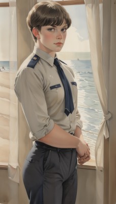 1girl,solo,breasts,looking at viewer,blush,short hair,bangs,blue eyes,brown hair,shirt,standing,white shirt,cowboy shot,earrings,necktie,sky,day,collared shirt,pants,indoors,water,uniform,lips,looking to the side,window,buttons,ocean,black pants,own hands together,curtains,black necktie,sleeves rolled up,pocket,blue necktie,nose,breast pocket,police,police uniform,policewoman,black hair,closed mouth,small breasts,outdoors,belt,black eyes,dress shirt,beach,realistic,horizon