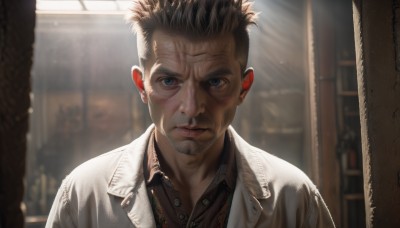 solo,looking at viewer,short hair,blue eyes,brown hair,shirt,black hair,1boy,closed mouth,jacket,upper body,male focus,open clothes,collared shirt,indoors,blurry,open jacket,blurry background,facial hair,scar,white jacket,scar on face,realistic,stubble,bookshelf,brown shirt,necklace,portrait,undercut,leather jacket,mohawk