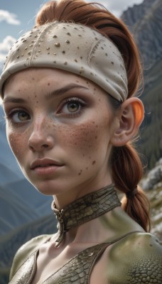 1girl,solo,long hair,looking at viewer,brown hair,brown eyes,ponytail,outdoors,parted lips,sky,choker,day,armor,blurry,lips,blurry background,headband,portrait,freckles,realistic,nose,dirty,chainmail,upper body,red hair,cloud,eyelashes,dirty face