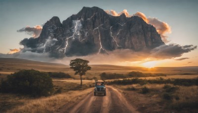 outdoors,sky,cloud,signature,tree,no humans,cloudy sky,grass,ground vehicle,nature,scenery,motor vehicle,sunset,mountain,electricity,car,road,lightning,landscape,mountainous horizon,forest,horizon