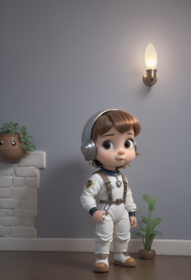 1girl,solo,smile,short hair,brown hair,1boy,brown eyes,standing,male focus,headphones,helmet,plant,child,androgynous,realistic,potted plant,male child,jumpsuit,spacesuit,full body,boots,headset,candle