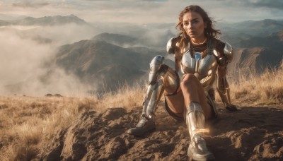 1girl,solo,long hair,brown hair,brown eyes,sitting,boots,outdoors,sky,cloud,dark skin,armor,lips,arm support,grass,shoulder armor,science fiction,pauldrons,mountain,realistic,on ground,looking at viewer,parted lips