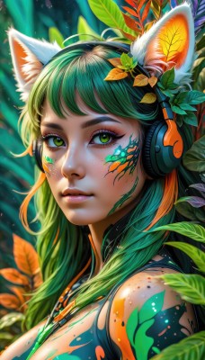 1girl,solo,long hair,breasts,looking at viewer,bangs,hair ornament,animal ears,jewelry,closed mouth,green eyes,upper body,flower,multicolored hair,green hair,artist name,cat ears,necklace,orange hair,blurry,from side,two-tone hair,lips,animal ear fluff,eyelashes,tattoo,gradient hair,makeup,depth of field,headphones,leaf,watermark,facial mark,plant,slit pupils,portrait,eyeshadow,freckles,nose,eyeliner,whisker markings,facepaint,mascara,bare shoulders,hair flower,nature