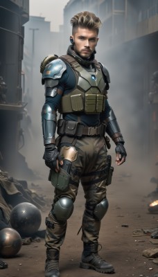 solo,looking at viewer,blue eyes,blonde hair,brown hair,gloves,1boy,standing,full body,weapon,male focus,boots,fingerless gloves,armor,gun,military,facial hair,building,beard,science fiction,pouch,city,realistic,knee pads,ruins,explosive,grenade,rubble,bulletproof vest,body armor,short hair,holding,brown eyes,outdoors,belt,holding weapon,vest,holding gun,handgun