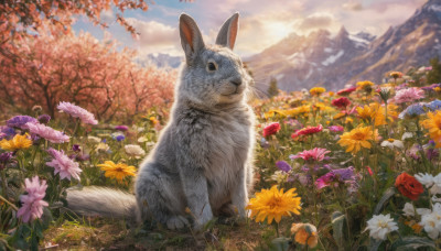 flower, outdoors, sky, day, cloud, tree, no humans, animal, cloudy sky, grass, red flower, nature, scenery, rabbit, mountain, realistic, yellow flower, purple flower, field, animal focus, mountainous horizon, orange flower