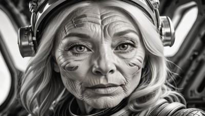 1girl,solo,looking at viewer,closed mouth,monochrome,greyscale,medium hair,blurry,lips,blurry background,headgear,portrait,science fiction,realistic,long hair,1boy,signature,eyelashes,facial hair,headphones,helmet,nose,old,wrinkled skin