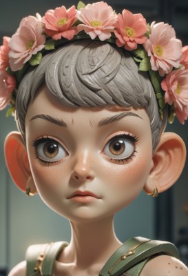 1girl,solo,looking at viewer,blush,short hair,bangs,hair ornament,brown eyes,jewelry,closed mouth,collarbone,flower,grey hair,hairband,earrings,hair flower,blurry,lips,eyelashes,depth of field,blurry background,thick eyebrows,child,portrait,close-up,pink flower,freckles,realistic,nose,overalls,head wreath,flower wreath,brown hair,female child