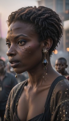 1girl,breasts,short hair,brown hair,black hair,dress,cleavage,brown eyes,jewelry,medium breasts,collarbone,upper body,earrings,parted lips,multiple boys,teeth,solo focus,dark skin,mole,blurry,dark-skinned female,lips,eyelashes,tattoo,depth of field,blurry background,freckles,curly hair,realistic,nose,very short hair,crowd,very dark skin,afro,looking away,dark-skinned male,gem,facepaint,bald