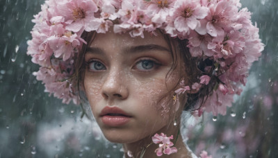 1girl, solo, looking at viewer, short hair, blue eyes, brown hair, hair ornament, jewelry, flower, earrings, hair flower, blurry, lips, grey eyes, eyelashes, cherry blossoms, portrait, pink flower, rain, realistic, nose