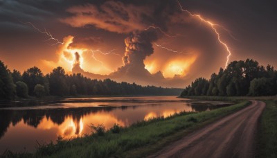 outdoors,sky,cloud,water,tree,no humans,glowing,cloudy sky,grass,fire,nature,scenery,forest,reflection,sunset,electricity,road,bush,river,lightning,monster,landscape