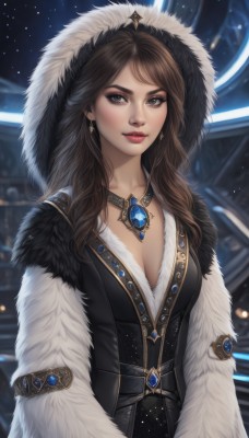 1girl,solo,long hair,breasts,looking at viewer,brown hair,dress,cleavage,brown eyes,jewelry,medium breasts,closed mouth,collarbone,upper body,earrings,belt,artist name,hood,necklace,blurry,black dress,lips,coat,fur trim,makeup,blurry background,wavy hair,lipstick,gem,pendant,nose,red lips,fur coat,bangs,night,star (sky),eyeshadow,starry sky,realistic,fur