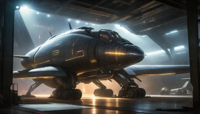 HQ,indoors,signature,military,no humans,window,robot,mecha,science fiction,realistic,aircraft,military vehicle,vehicle focus,spacecraft,lights,cockpit,airplane,light