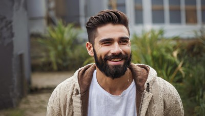 solo,smile,short hair,brown hair,shirt,black hair,1boy,jewelry,jacket,closed eyes,white shirt,upper body,male focus,outdoors,open clothes,teeth,hood,necklace,blurry,open jacket,blurry background,facial hair,thick eyebrows,facing viewer,beard,meme,brown jacket,mature male,realistic,mustache,animification,undercut,photo background,day,depth of field,scar,white jacket,portrait,scar on face