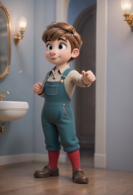 solo,smile,short hair,brown hair,shirt,long sleeves,1boy,brown eyes,closed mouth,standing,full body,male focus,shoes,socks,collared shirt,indoors,black eyes,child,clenched hands,mirror,overalls,male child,plaid shirt,red socks,sweater,thick eyebrows,freckles,reflection,realistic,candle