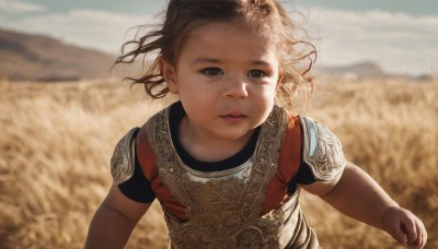 1girl,solo,looking at viewer,short hair,brown hair,shirt,brown eyes,closed mouth,upper body,short sleeves,outdoors,sky,day,armor,blurry,black eyes,lips,floating hair,depth of field,blurry background,looking up,wind,child,realistic,female child,field,open mouth,parted lips,cloud,sunlight