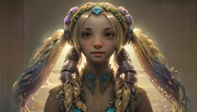 1girl,solo,long hair,looking at viewer,blue eyes,blonde hair,hair ornament,bare shoulders,twintails,jewelry,closed mouth,upper body,flower,multicolored hair,artist name,hair flower,necklace,black eyes,lips,eyelashes,detached collar,drill hair,portrait,twin drills,light particles,backlighting,freckles,realistic,nose,head wreath,blush,brown eyes,braid,parted lips,twin braids,leaf,feathers,grapes