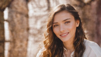 1girl,solo,long hair,looking at viewer,smile,brown hair,shirt,brown eyes,white shirt,upper body,teeth,collared shirt,grin,blurry,black eyes,lips,depth of field,blurry background,wavy hair,portrait,forehead,curly hair,realistic,nose,open mouth,day,signature,head tilt,grey eyes,fangs,sunlight,freckles