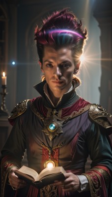 solo,looking at viewer,short hair,brown hair,long sleeves,1boy,holding,brown eyes,jewelry,closed mouth,upper body,purple hair,male focus,multicolored hair,earrings,indoors,dark skin,necklace,armor,blurry,black eyes,two-tone hair,lips,book,blurry background,glowing,halo,ring,gem,holding book,robe,open book,realistic,candle,priest,grimoire,1girl,black hair