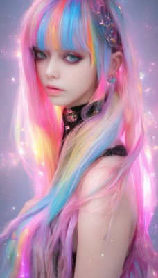 1girl,solo,long hair,breasts,looking at viewer,bangs,blue eyes,blonde hair,hair ornament,bare shoulders,jewelry,medium breasts,closed mouth,blue hair,upper body,pink hair,multicolored hair,hairband,earrings,sleeveless,choker,artist name,blunt bangs,collar,from side,two-tone hair,aqua eyes,lips,eyelashes,sparkle,aqua hair,makeup,eyeshadow,pink lips,realistic,nose,eyeliner,colorful,mascara,rainbow hair,streaked hair,looking to the side,gradient hair,watermark,expressionless,light particles