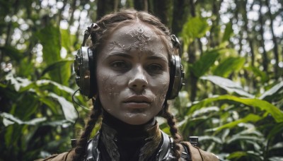 1girl,solo,long hair,looking at viewer,brown hair,brown eyes,closed mouth,braid,flower,dark skin,blurry,twin braids,lips,depth of field,blurry background,headphones,facial mark,plant,portrait,realistic,1boy,male focus,outdoors,tattoo,leaf,nature