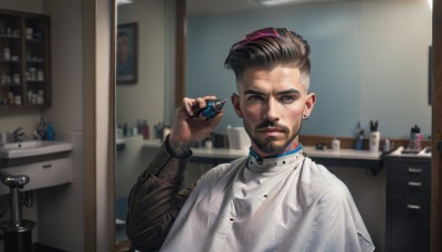 solo,looking at viewer,short hair,shirt,black hair,long sleeves,1boy,holding,jewelry,white shirt,upper body,male focus,multicolored hair,earrings,parted lips,indoors,hand up,blurry,black eyes,two-tone hair,tattoo,blurry background,facial hair,piercing,ear piercing,beard,mirror,realistic,stud earrings,undercut,sink,comb,blue eyes,closed mouth,jacket,black jacket,ring,bottle,kitchen,faucet