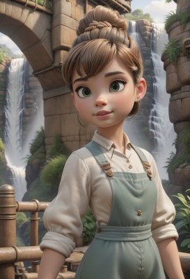 1girl,solo,looking at viewer,smile,short hair,bangs,brown hair,shirt,jewelry,green eyes,standing,white shirt,upper body,earrings,outdoors,parted lips,day,collared shirt,water,hair bun,tree,lips,buttons,single hair bun,plant,building,sleeves rolled up,freckles,overalls,bridge,waterfall,fountain,blue overalls,blush,dress,thick eyebrows,realistic