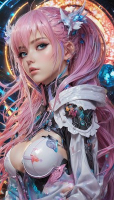 1girl,solo,long hair,breasts,looking at viewer,bangs,blue eyes,large breasts,hair ornament,cleavage,twintails,jewelry,medium breasts,upper body,pink hair,earrings,parted lips,shiny,hood,lips,clothing cutout,eyelashes,bodysuit,makeup,piercing,cleavage cutout,ear piercing,science fiction,nose,planet,ponytail,artist name,armor,from side,realistic,eyeliner