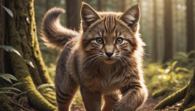 solo,looking at viewer,brown eyes,outdoors,day,artist name,signature,blurry,tree,no humans,depth of field,blurry background,animal,leaf,watermark,sunlight,cat,plant,nature,web address,forest,realistic,animal focus,whiskers,dated