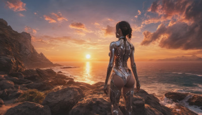 1girl, solo, short hair, black hair, standing, ass, outdoors, sky, cloud, dark skin, water, from behind, dark-skinned female, ocean, scenery, science fiction, sunset, rock, arms at sides, sun, android, horizon