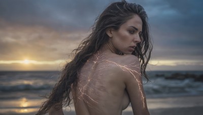 1girl,solo,long hair,breasts,looking at viewer,black hair,medium breasts,upper body,nude,outdoors,parted lips,sky,looking back,cloud,water,from behind,mole,blurry,lips,sideboob,blurry background,ocean,back,beach,messy hair,mole under mouth,freckles,sunset,realistic,mole on cheek,brown eyes,closed mouth,earrings,cloudy sky,horizon,sunrise