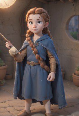 1girl,solo,long hair,looking at viewer,smile,brown hair,long sleeves,dress,holding,brown eyes,jewelry,standing,full body,braid,shoes,belt,artist name,indoors,cape,twin braids,window,blue dress,brown footwear,plant,child,cloak,freckles,fantasy,wand,female child,potted plant