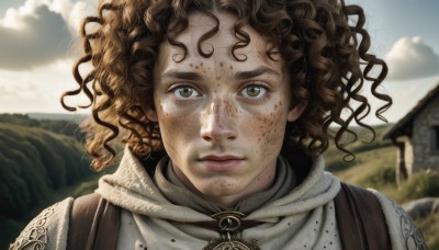 1girl,solo,looking at viewer,short hair,brown hair,brown eyes,closed mouth,upper body,male focus,outdoors,sky,day,cloud,armor,blurry,lips,depth of field,blurry background,wavy hair,cloudy sky,messy hair,portrait,freckles,curly hair,realistic,nose,1boy,scarf,blood,sunlight,serious,dirty