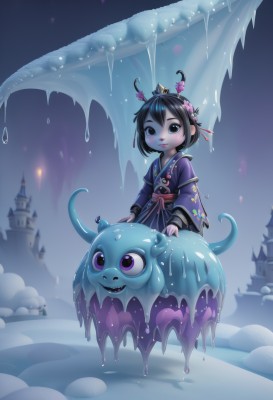 1girl,solo,smile,short hair,open mouth,black hair,hair ornament,long sleeves,closed mouth,purple eyes,flower,outdoors,japanese clothes,horns,teeth,hair flower,wide sleeves,kimono,water,black eyes,wet,sash,colored skin,chinese clothes,monster girl,child,snow,monster,dragon,on head,female child,candle,riding,dripping,castle,slime (substance),korean clothes,looking at viewer,brown hair,brown eyes,hair stick,creature