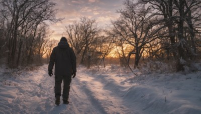 solo,gloves,long sleeves,1boy,standing,jacket,male focus,outdoors,sky,pants,cloud,hood,from behind,tree,coat,black pants,cloudy sky,nature,scenery,hooded jacket,snow,forest,walking,sunset,winter clothes,facing away,winter,bare tree,footprints,boots,black gloves,water,horizon,wide shot,ambiguous gender