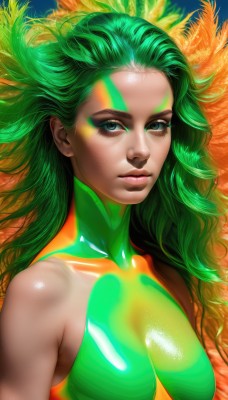 1girl,solo,long hair,breasts,looking at viewer,bare shoulders,medium breasts,closed mouth,green eyes,collarbone,upper body,parted lips,green hair,sleeveless,shiny,artist name,dark skin,dark-skinned female,lips,eyelashes,bodysuit,makeup,watermark,lipstick,skin tight,eyeshadow,nose,eyeliner,facepaint,blue eyes,glowing,feathers,shiny clothes,realistic,bodypaint,green bodysuit