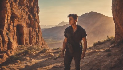 solo,brown hair,shirt,black hair,1boy,standing,short sleeves,male focus,outdoors,sky,pants,water,facial hair,scenery,rock,mountain,realistic,landscape,cliff,short hair,closed mouth,weapon,collared shirt,gun,black shirt,black pants,beard