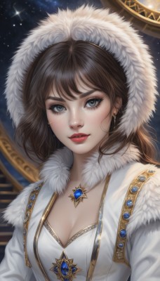 1girl,solo,long hair,breasts,looking at viewer,bangs,blue eyes,brown hair,dress,cleavage,jewelry,medium breasts,upper body,earrings,parted lips,sky,artist name,hood,necklace,star (symbol),white dress,lips,coat,grey eyes,fur trim,eyelashes,makeup,watermark,lipstick,gem,star (sky),eyeshadow,hood up,starry sky,freckles,fur collar,nose,red lips,closed mouth,night,night sky,realistic