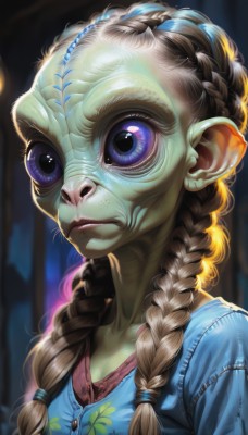 1girl,solo,long hair,breasts,looking at viewer,blue eyes,brown hair,shirt,cleavage,closed mouth,collarbone,upper body,braid,pointy ears,artist name,blurry,twin braids,lips,eyelashes,blurry background,colored skin,portrait,hair over shoulder,realistic,nose,green skin,alien,horror (theme),long neck,hair ornament,buttons,watermark,blue shirt,web address