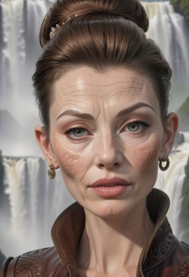 1girl,solo,looking at viewer,brown hair,hair ornament,jewelry,collarbone,earrings,parted lips,teeth,water,hair bun,blurry,lips,grey eyes,eyelashes,blurry background,scar,single hair bun,portrait,forehead,realistic,nose,hair pulled back,waterfall,green eyes,scar on face