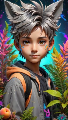 solo,looking at viewer,short hair,shirt,1boy,animal ears,brown eyes,closed mouth,jacket,upper body,flower,grey hair,male focus,food,open clothes,artist name,hood,bag,lips,black shirt,fox ears,hoodie,fruit,leaf,watermark,blue background,backpack,hood down,plant,child,web address,extra ears,zipper,freckles,nose,apple,drawstring,male child,paint splatter,sky,vest,open jacket,wolf ears,thick eyebrows,dirty,orange (fruit),paint