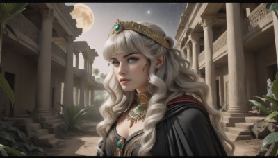 1girl,solo,long hair,breasts,looking at viewer,bangs,blue eyes,dress,cleavage,jewelry,medium breasts,upper body,white hair,earrings,outdoors,parted lips,sky,necklace,cape,black dress,lips,grey eyes,night,wavy hair,moon,tiara,crown,plant,gem,star (sky),night sky,full moon,starry sky,curly hair,stairs,realistic,nose,pillar,statue,arch,column,blonde hair,leaf,letterboxed,architecture