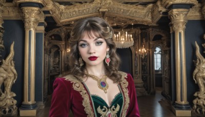 1girl,solo,long hair,breasts,looking at viewer,bangs,blue eyes,brown hair,hair ornament,dress,cleavage,jewelry,medium breasts,closed mouth,upper body,earrings,indoors,necklace,lips,grey eyes,window,makeup,wavy hair,lipstick,gem,pendant,curly hair,realistic,fantasy,red lips,candle,pillar,statue,arch,green gemstone,red dress,portrait,lace trim,lace,green dress,red gemstone