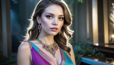 HQ,1girl,solo,long hair,breasts,looking at viewer,brown hair,dress,cleavage,bare shoulders,brown eyes,jewelry,medium breasts,collarbone,upper body,earrings,sleeveless,necklace,mole,blurry,lips,mole under eye,makeup,blurry background,wavy hair,purple dress,freckles,realistic,nose,parted lips,eyelashes,portrait