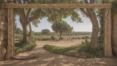 outdoors,sky,day,cloud,tree,blue sky,no humans,shadow,sunlight,grass,plant,nature,scenery,forest,road,bush,shade,landscape,path,wall,dappled sunlight,tree shade